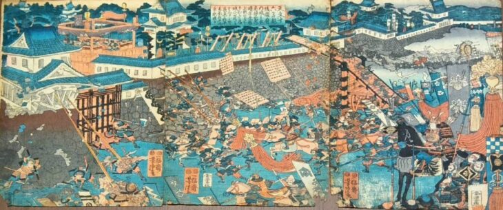 歌川芳虎『天文十六年越後国府内城主長尾弾正左エ門晴景屋形上杉の命をそむき居城に籠る主命に依る長尾喜平長尾喜平次景虎攻る』